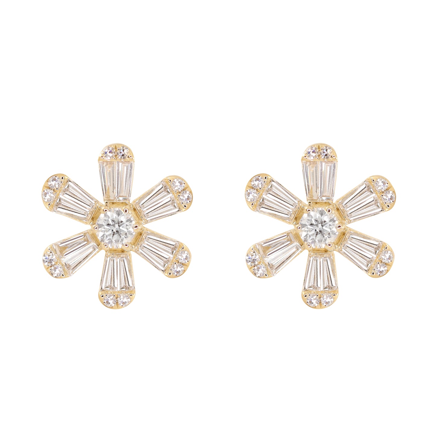 14kt gold baguette diamond flower studs