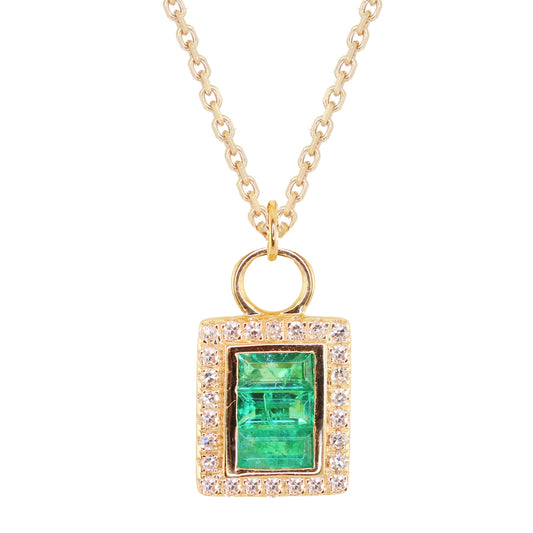 14kt gold baguette diamond emerald charm necklace