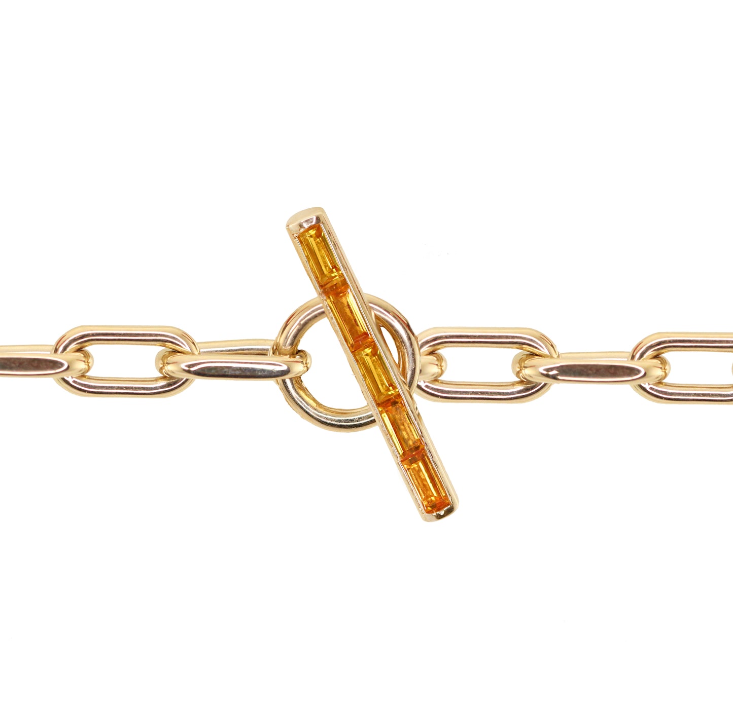 14kt gold baguette orange sapphire toggle thick paperclip bracelet