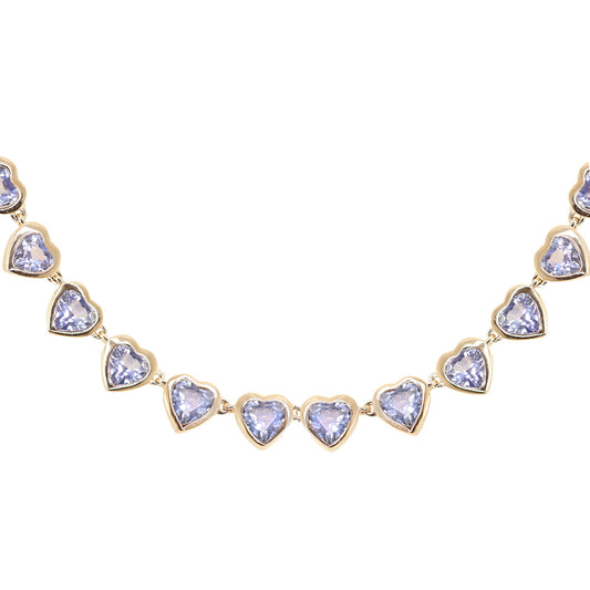 14kt gold blue sapphire heart bezel half tennis necklace