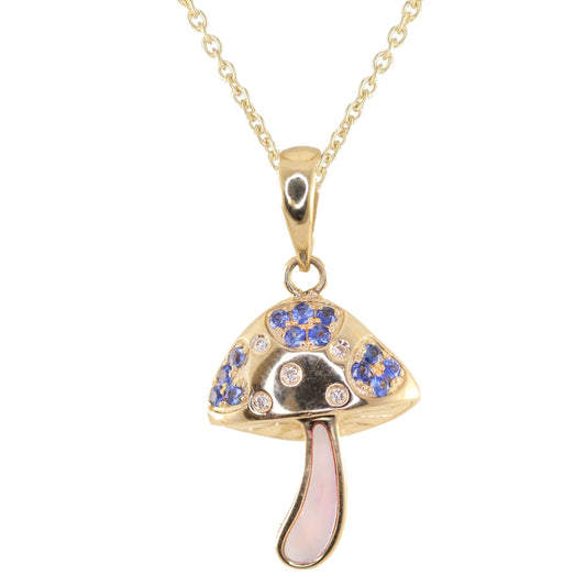 14kt gold diamond blue sapphire and pearl magic mushroom necklace
