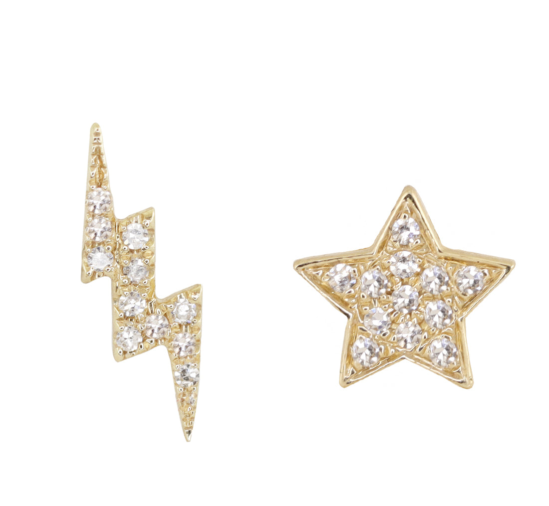 14kt gold and diamond star and bolt studs