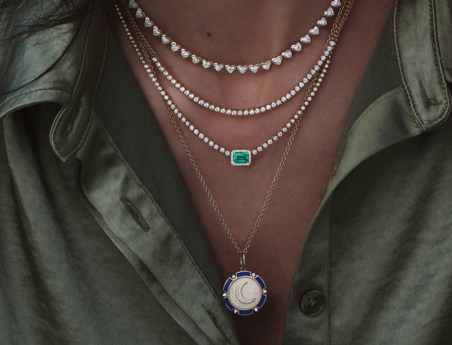 14kt gold heart diamond bezel tennis necklace