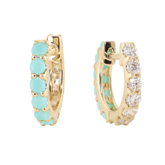 14kt gold double sided diamond turquoise hoop