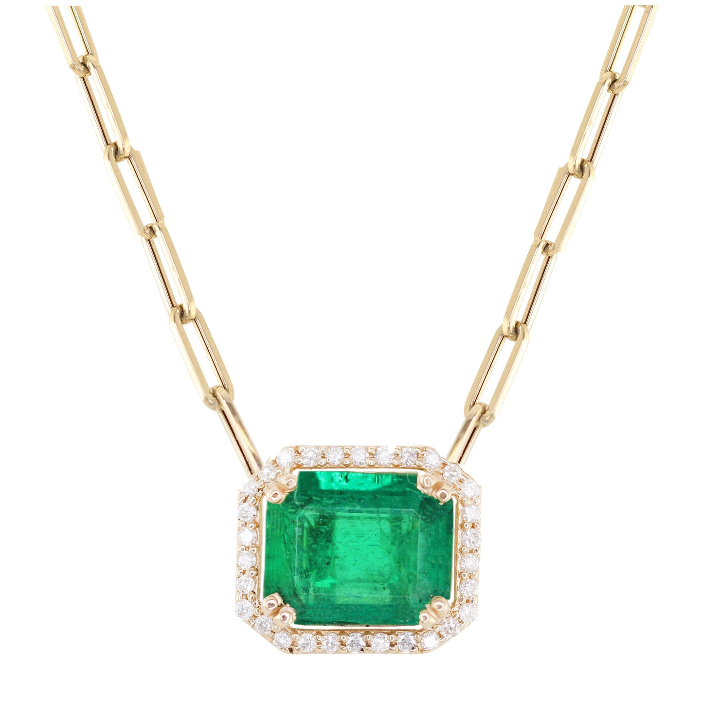 14kt yellow gold and diamond emerald cut emerald necklace