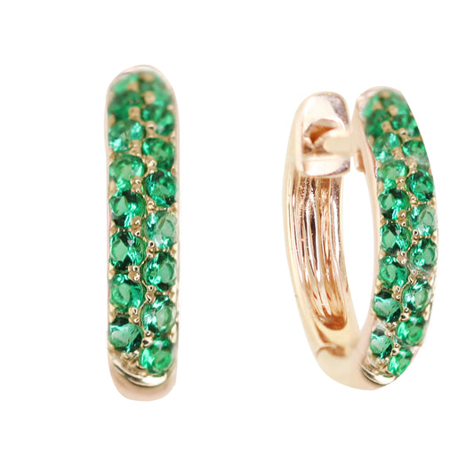 14kt gold and emerald wide two row rounded hoops