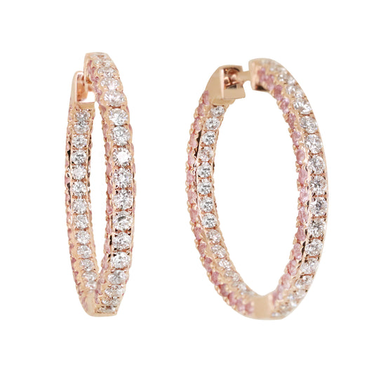 14kt gold diamond and pink sapphire grande encrusted hoop