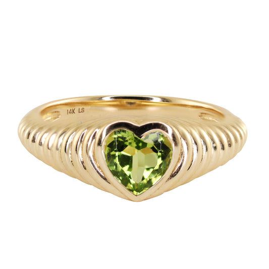 14kt gold petite peridot heart burst ring