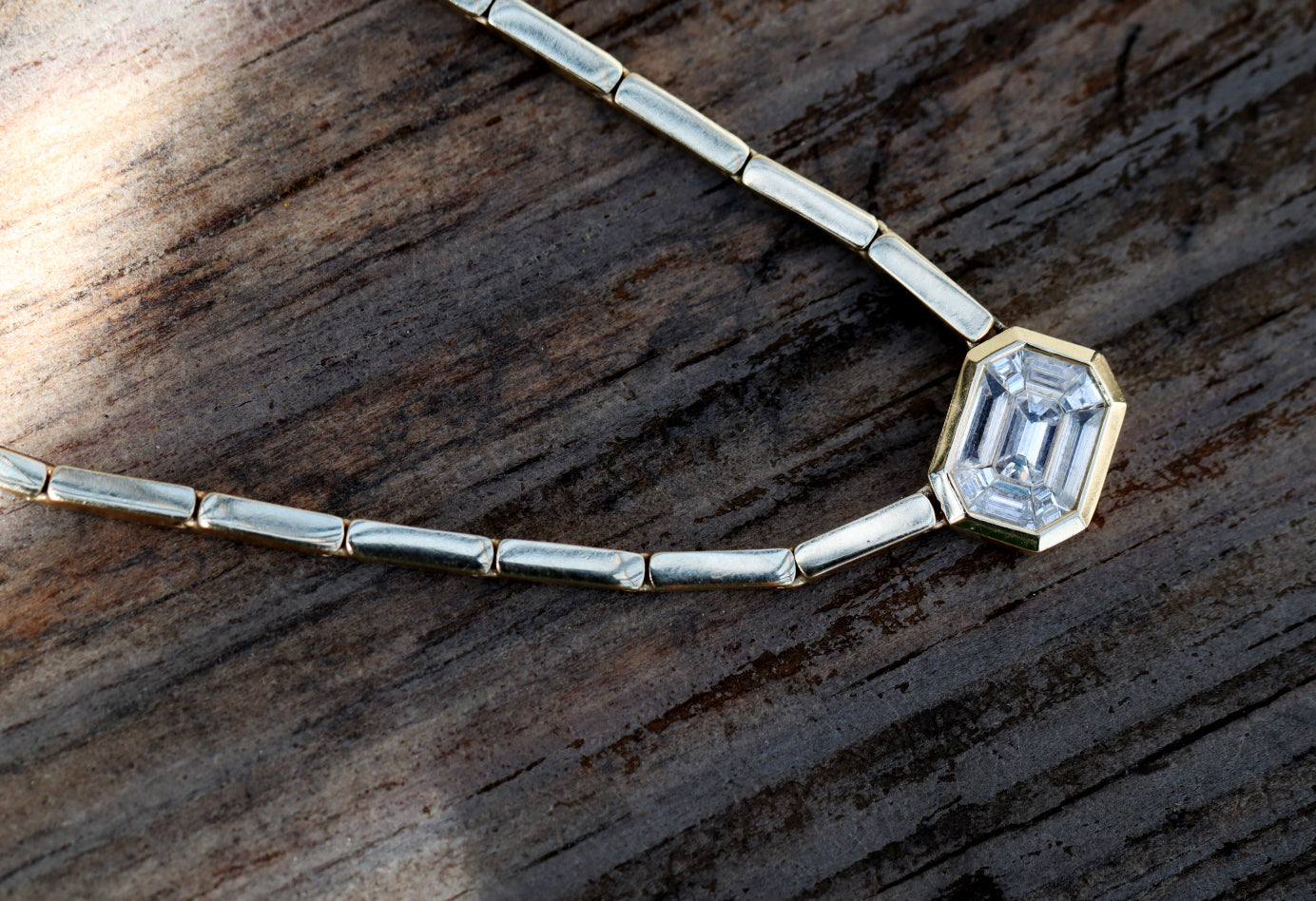 14kt gold bar illusion emerald cut bezel necklace