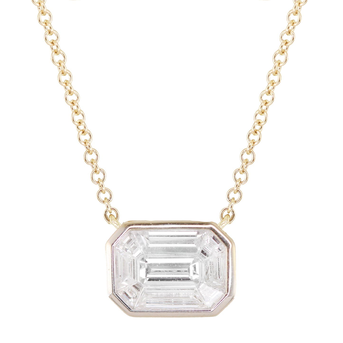 14kt gold illusion emerald cut diamond bezel necklace