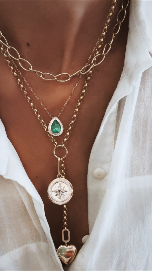 14kt gold and diamond large teardrop emerald bezel necklace