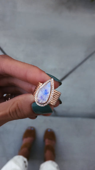 14kt gold and diamond multi hammered band teardrop moonstone ring - Luna Skye