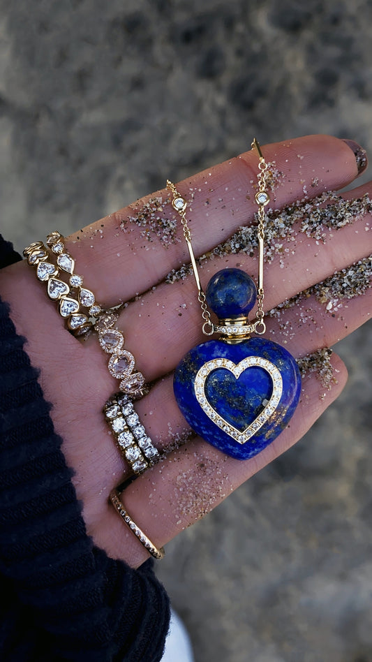 14kt gold and diamond heart lapis perfume bottle necklace