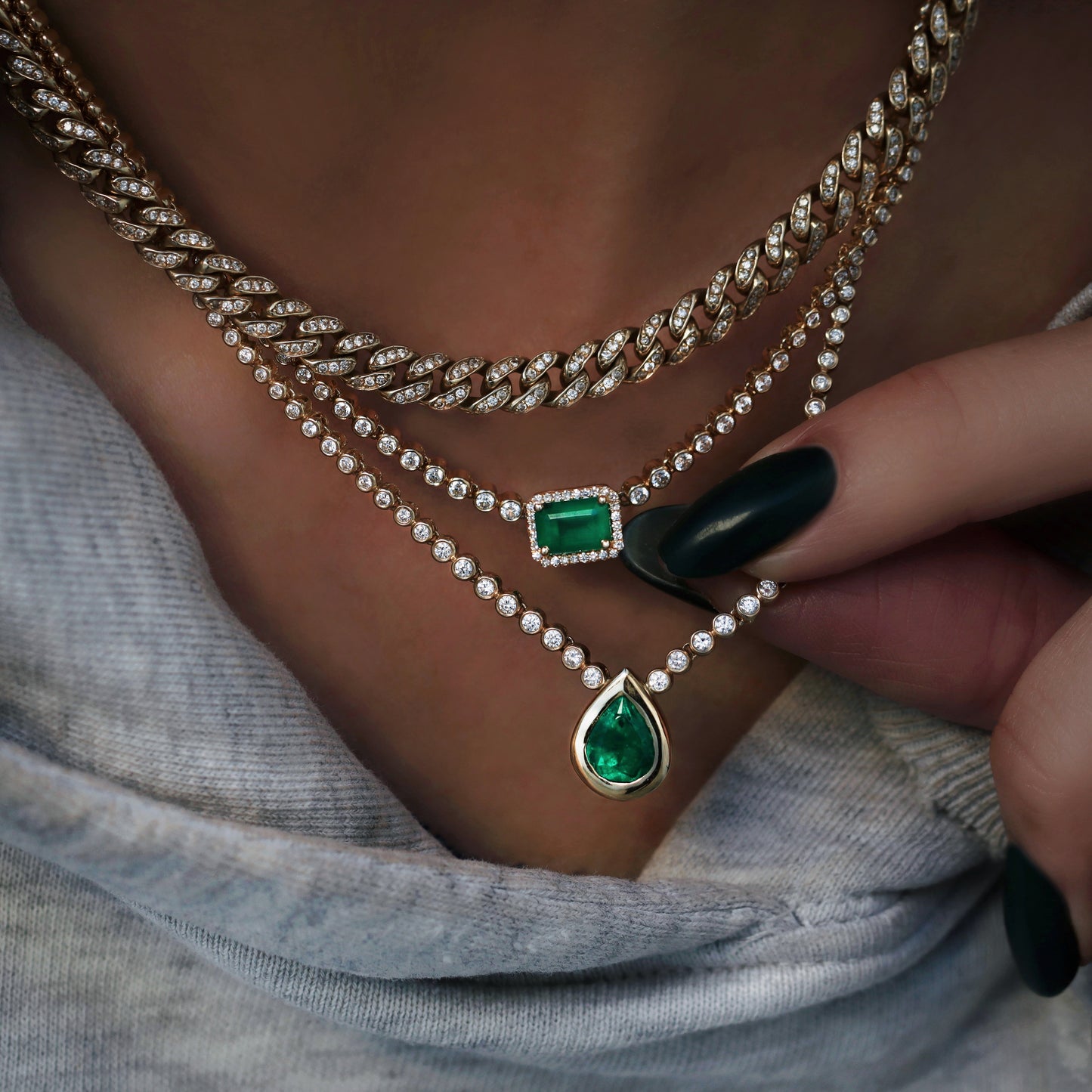 14kt gold and diamond teardrop emerald bezel necklace