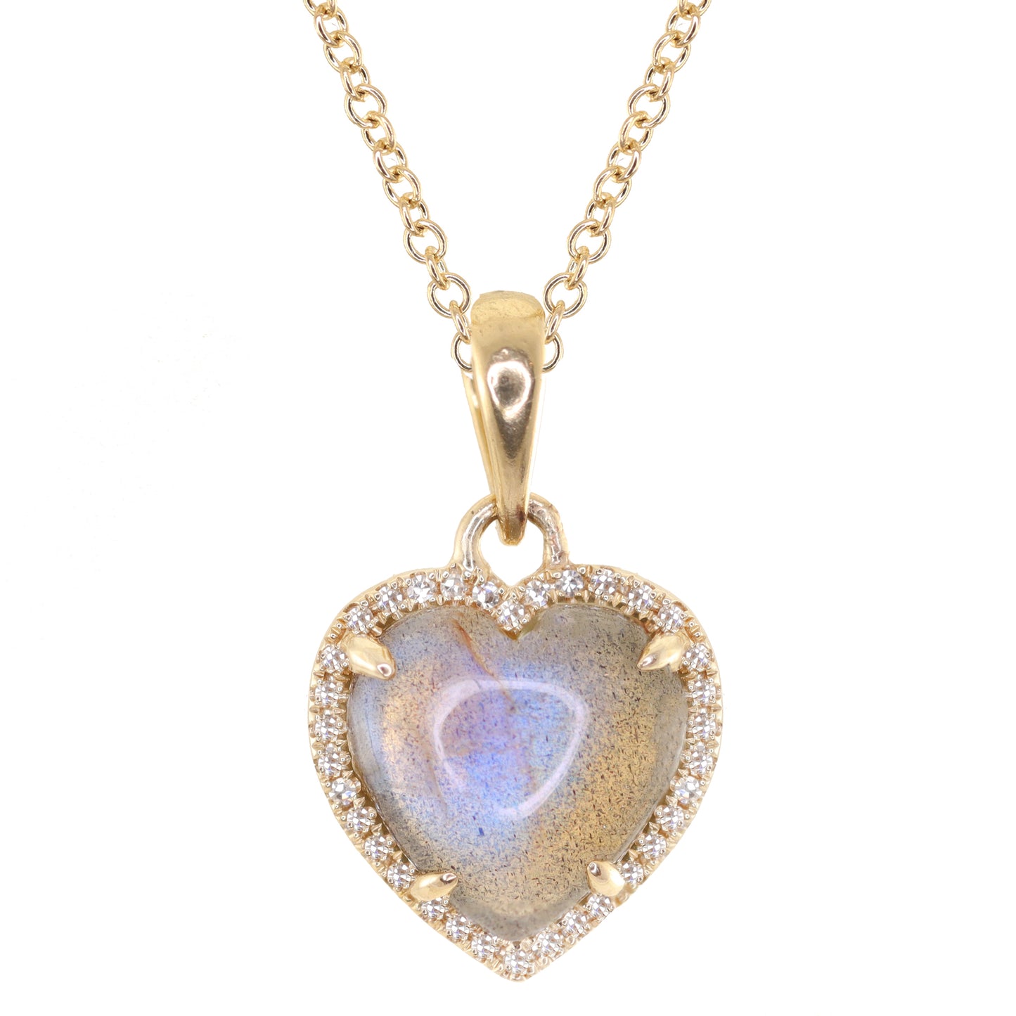 14kt gold and diamond labradorite rounded heart necklace