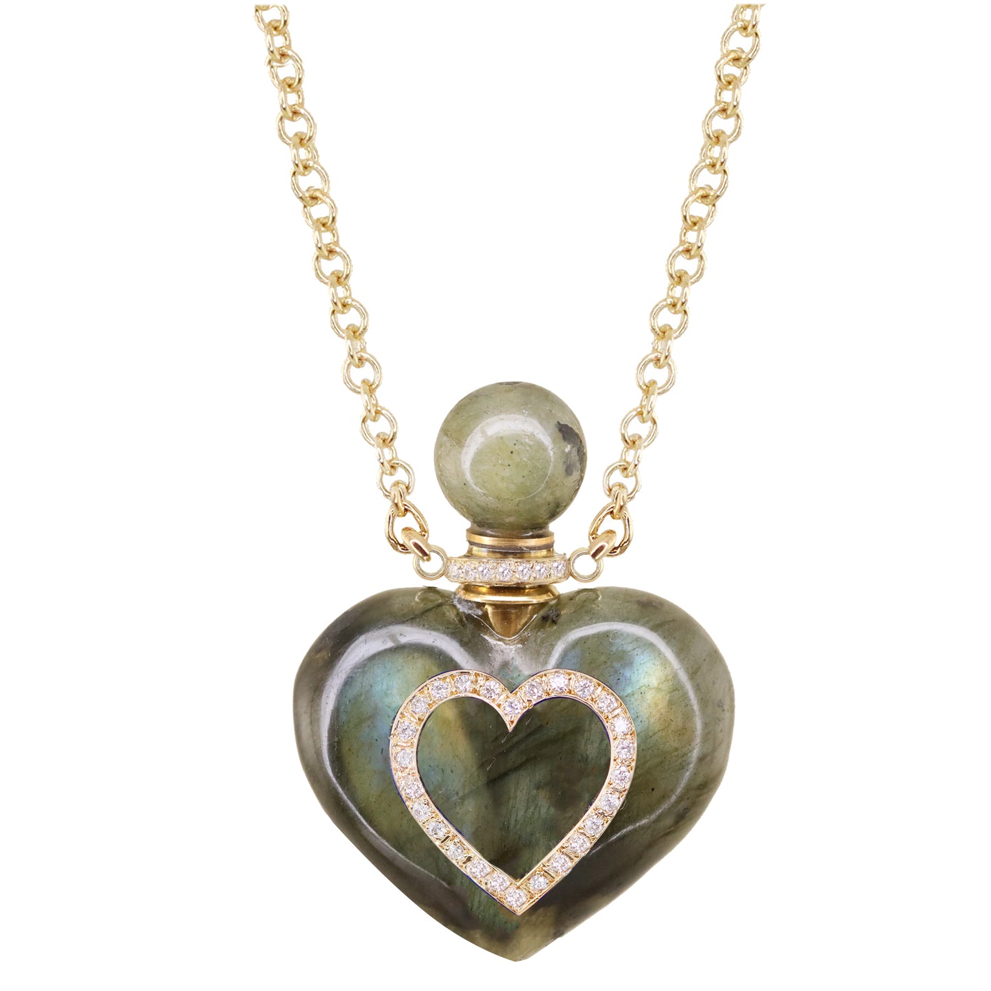 14kt gold and diamond heart labradorite perfume bottle necklace
