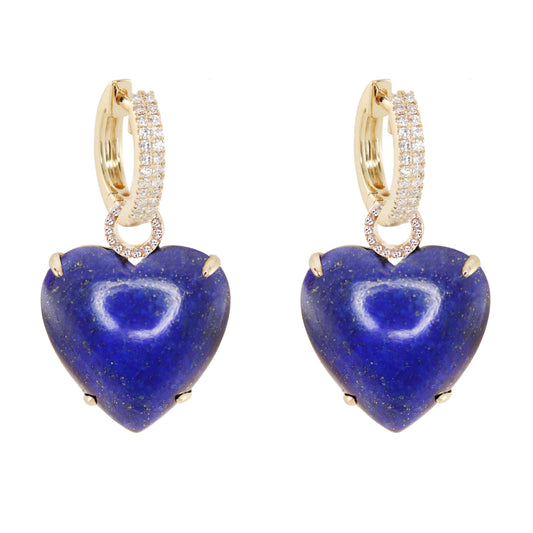 NEW! 14kt gold and diamond heart lapis hoop charm earrings