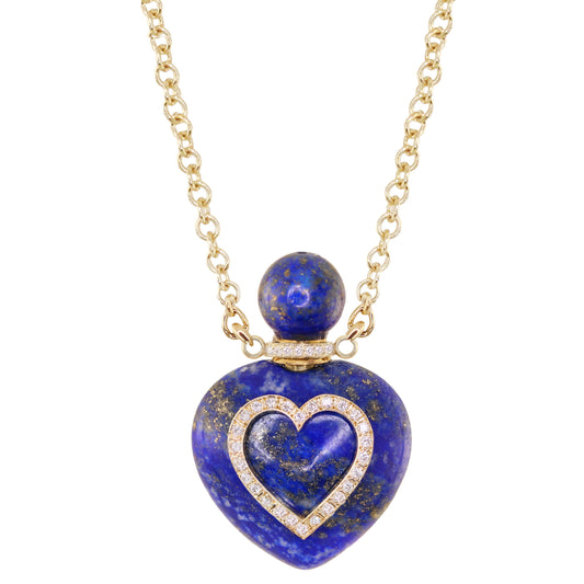 14kt gold and diamond heart lapis perfume bottle necklace