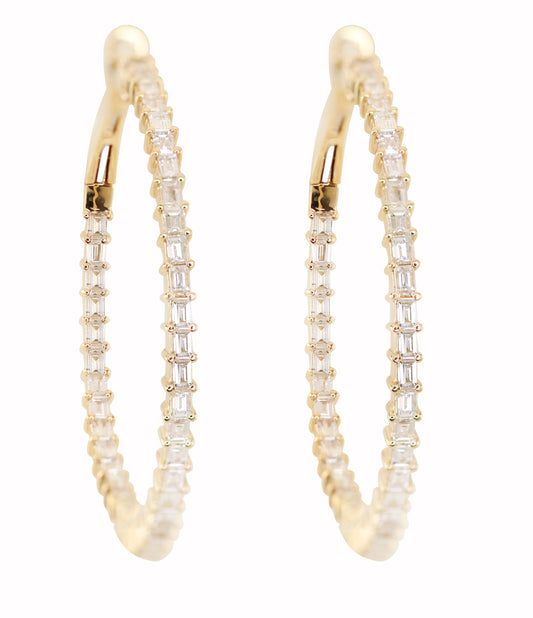 14kt gold large baguette diamond hoop earrings