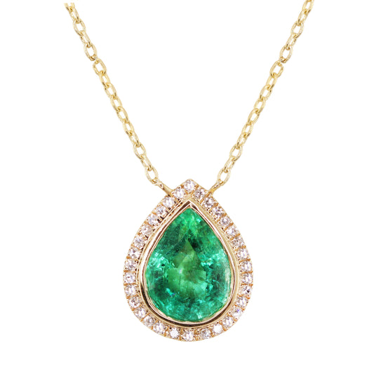 14kt gold and diamond large teardrop emerald bezel necklace