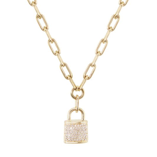14kt gold full diamond love lock necklace on paperclip chain - Luna Skye