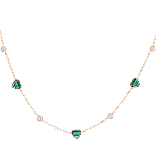 14k gold diamond bezel malachite heart choker necklace
