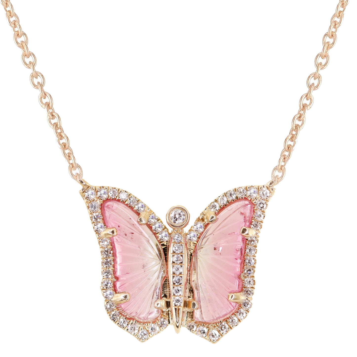 14kt gold and diamond mini pink tourmaline baby butterfly necklace