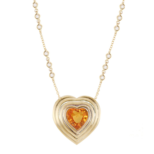 14kt gold and diamond heart burst orange sapphire necklace