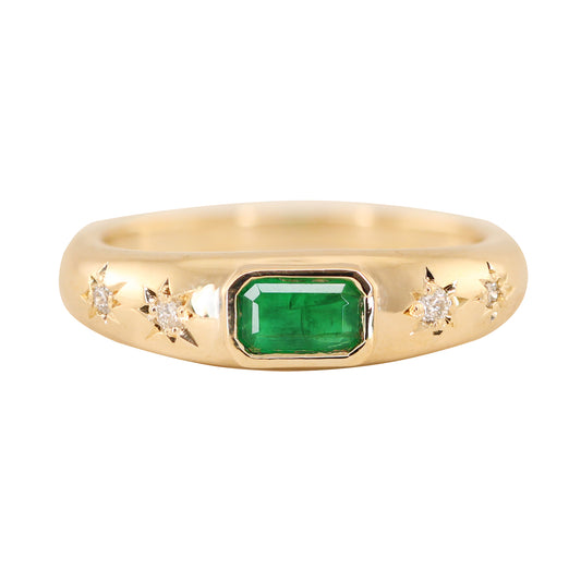 14kt gold diamond starburst emerald dome ring