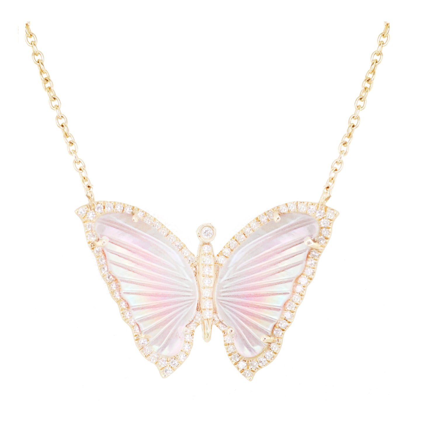 14kt gold and diamond pink mother of pearl baby butterfly necklace