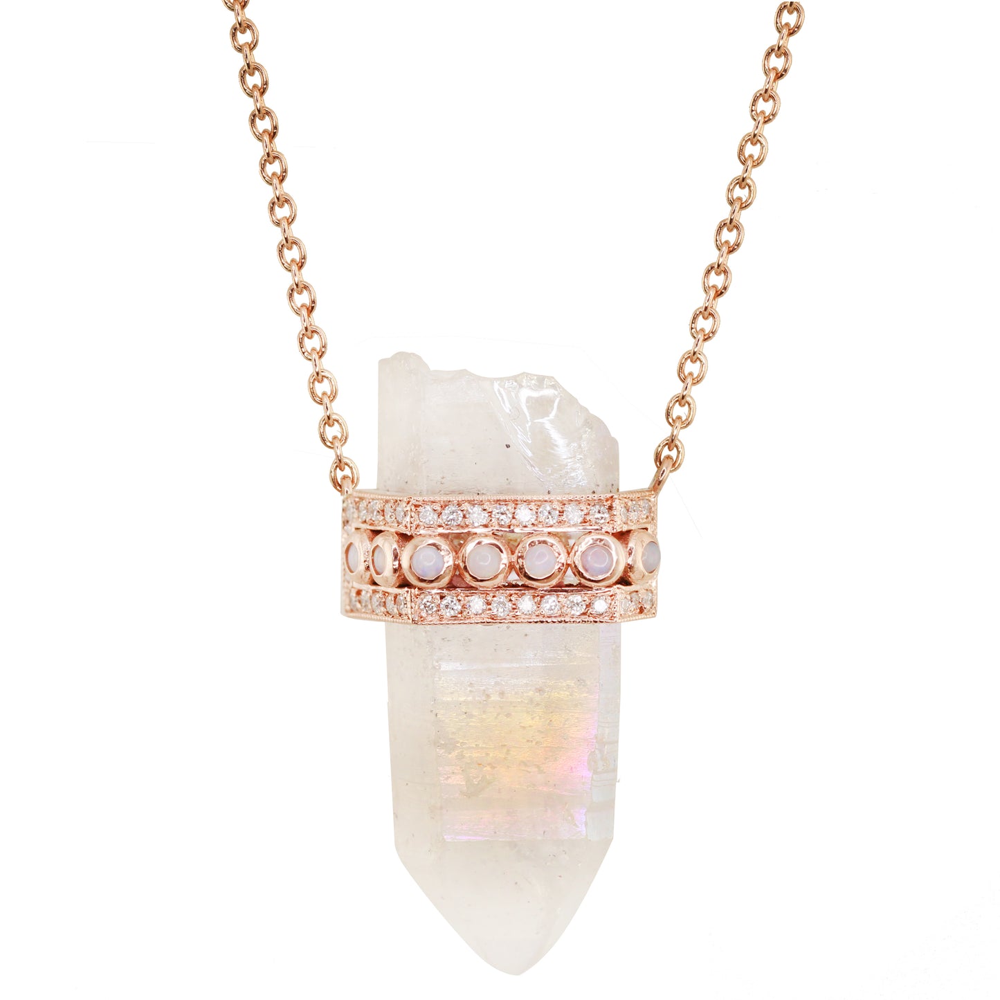 14kt gold and diamond opal quartz crystal bar necklace