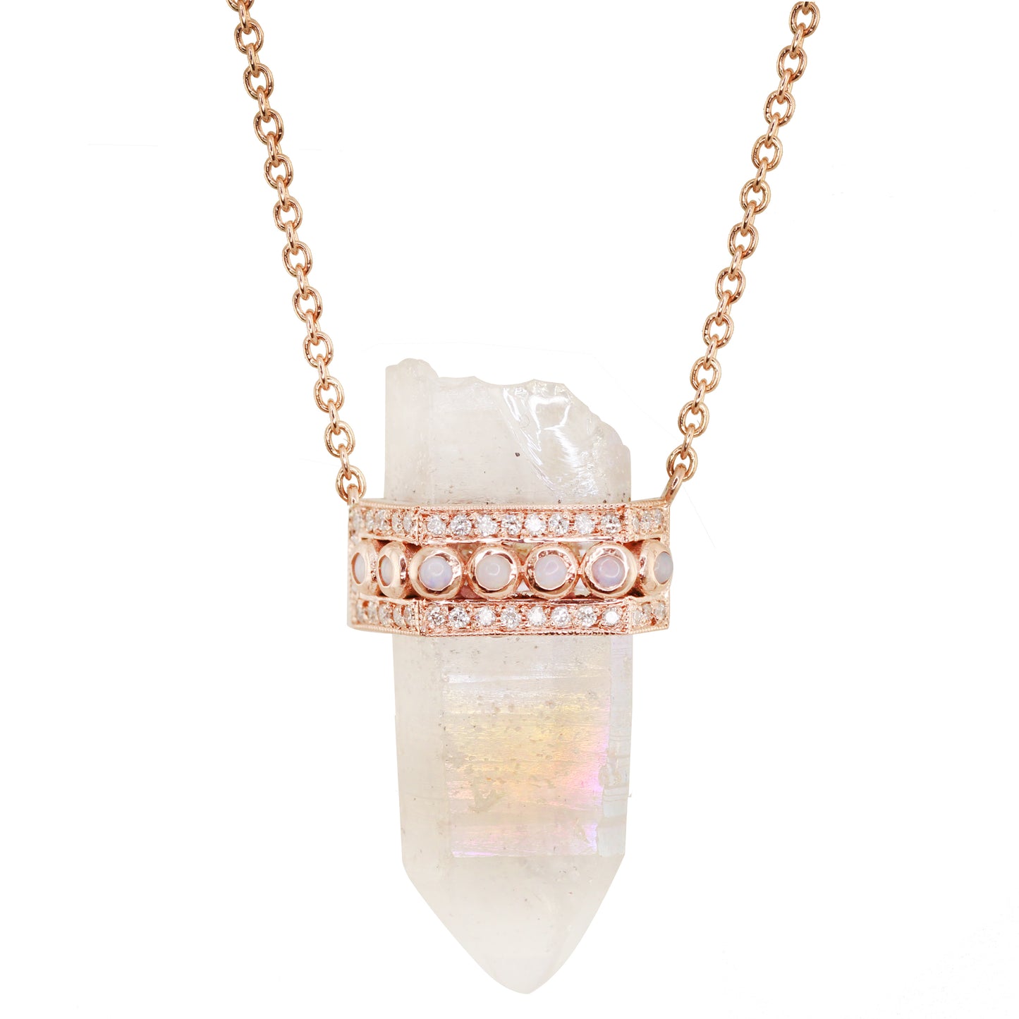 14kt gold and diamond opal quartz crystal bar necklace