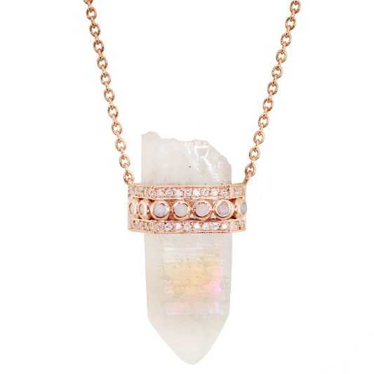 14kt gold and diamond opal quartz crystal bar necklace