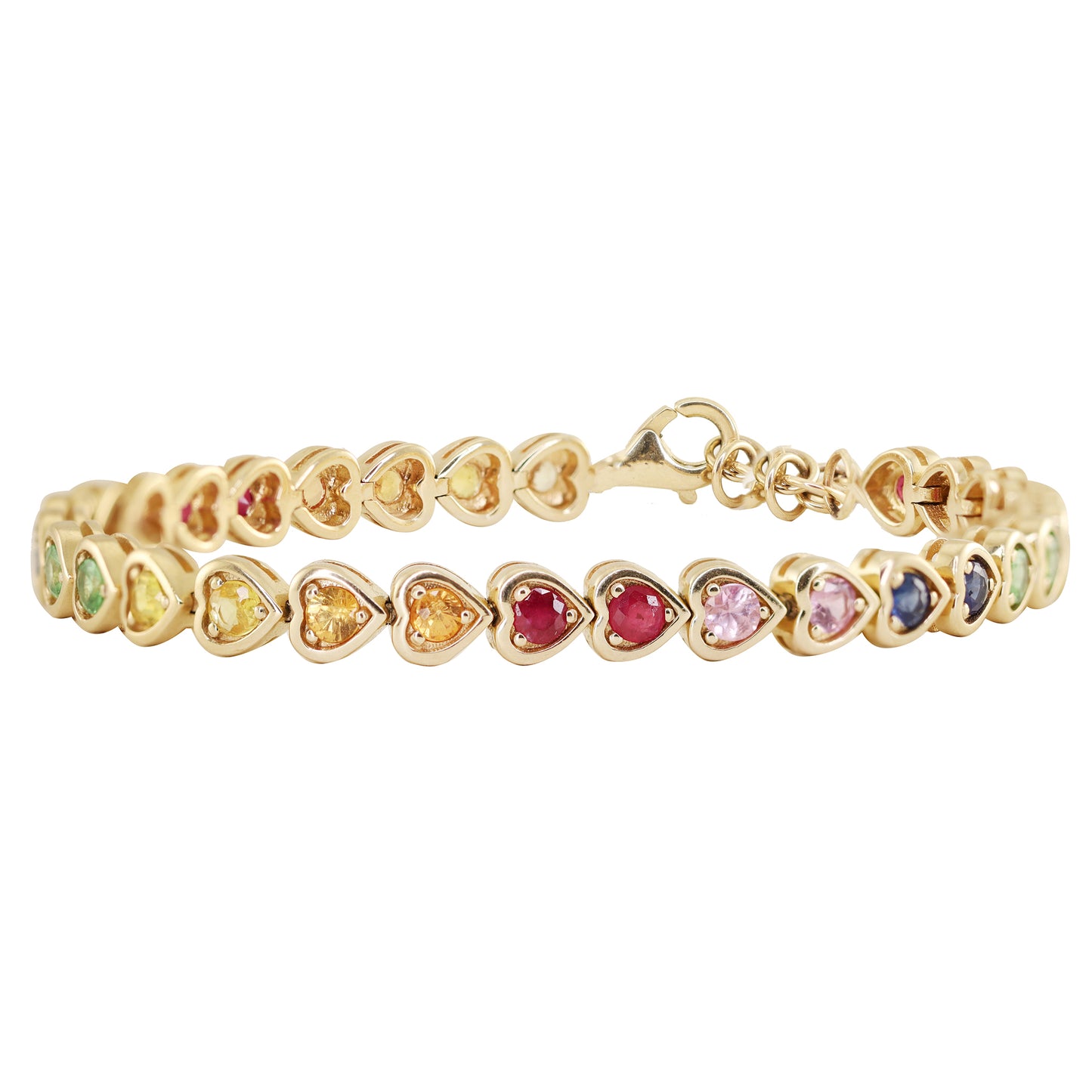 14kt yellow gold rainbow sapphire heart bezel tennis bracelet