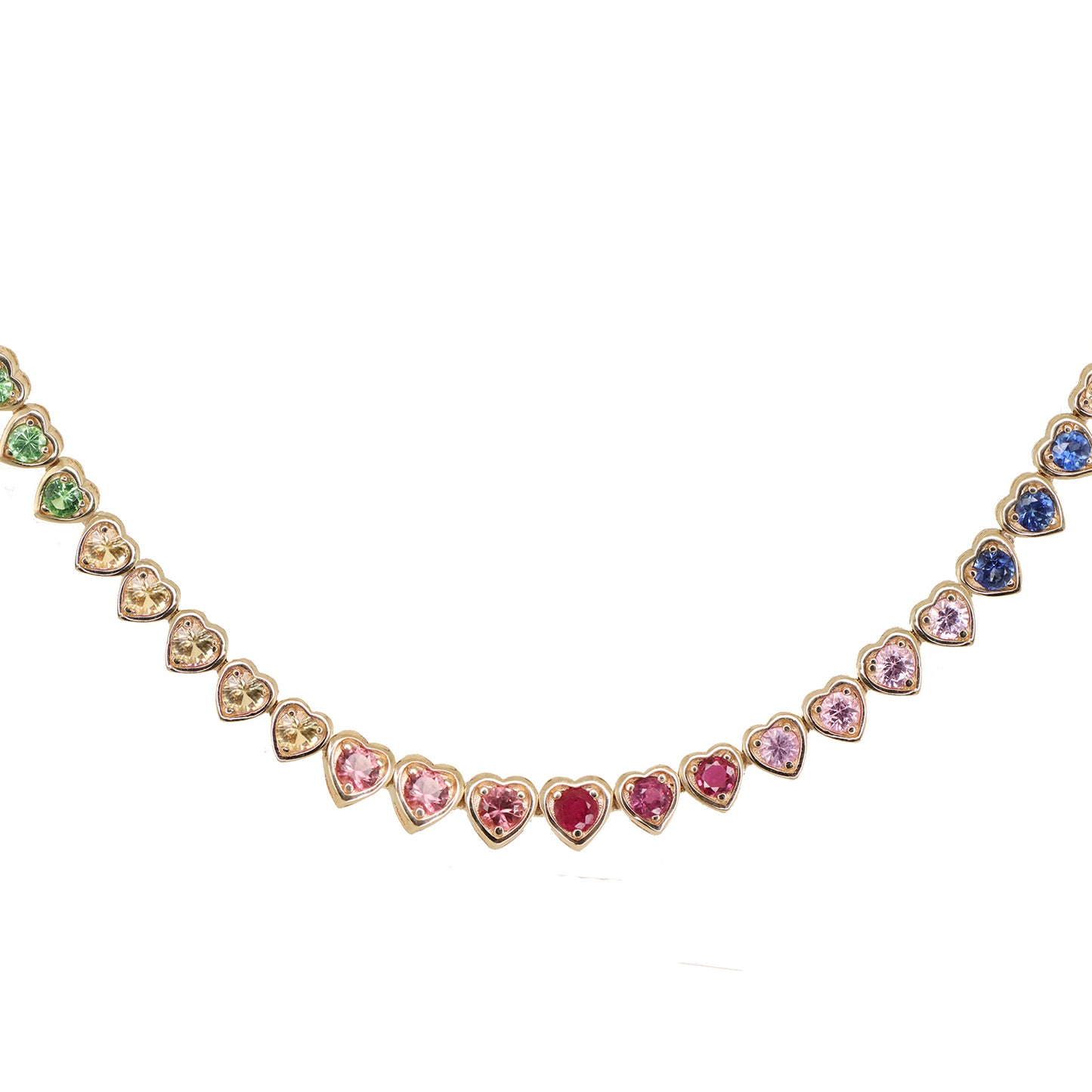 14kt gold rainbow sapphire heart bezel tennis necklace