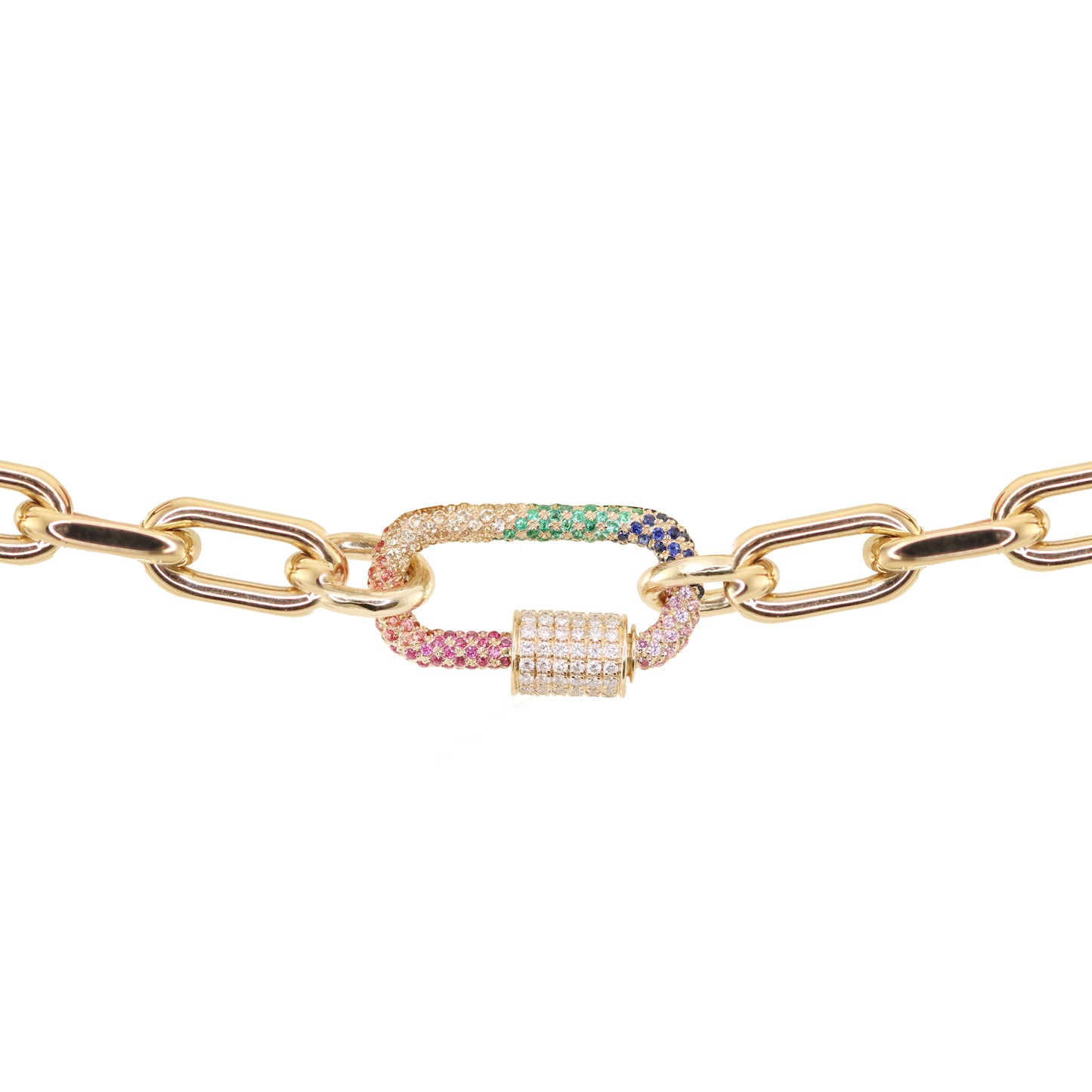 14kt gold rainbow sapphire screw paperclip bracelet