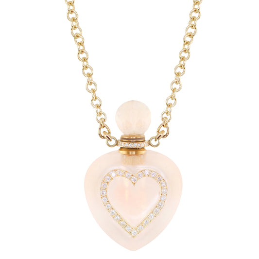 14kt gold and diamond heart rose quartz perfume bottle necklace