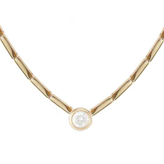 14kt gold bar round diamond bezel necklace