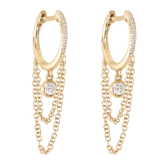 14kt gold single diamond bezel drip hoop earrings