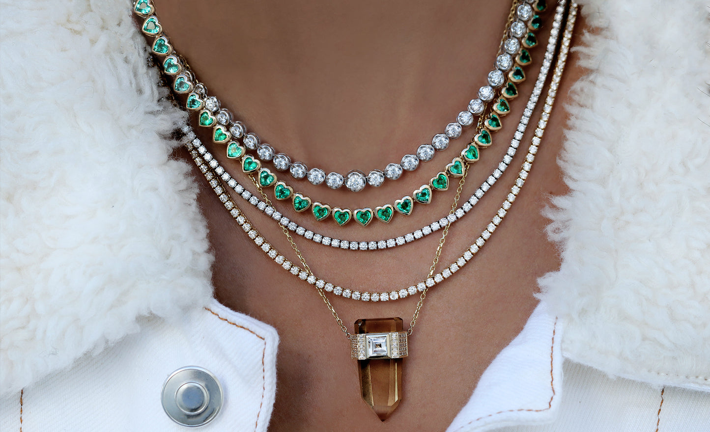 14kt gold heart emerald tennis necklace