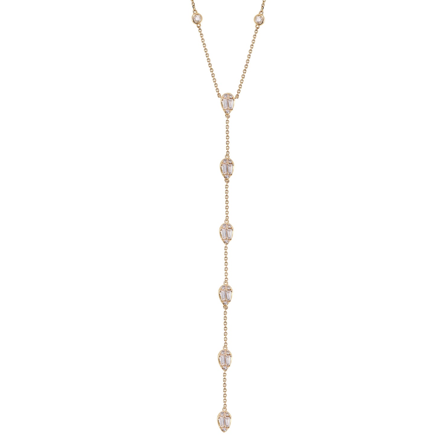 NEW! 14kt gold teardrop baguette diamond lariat necklace