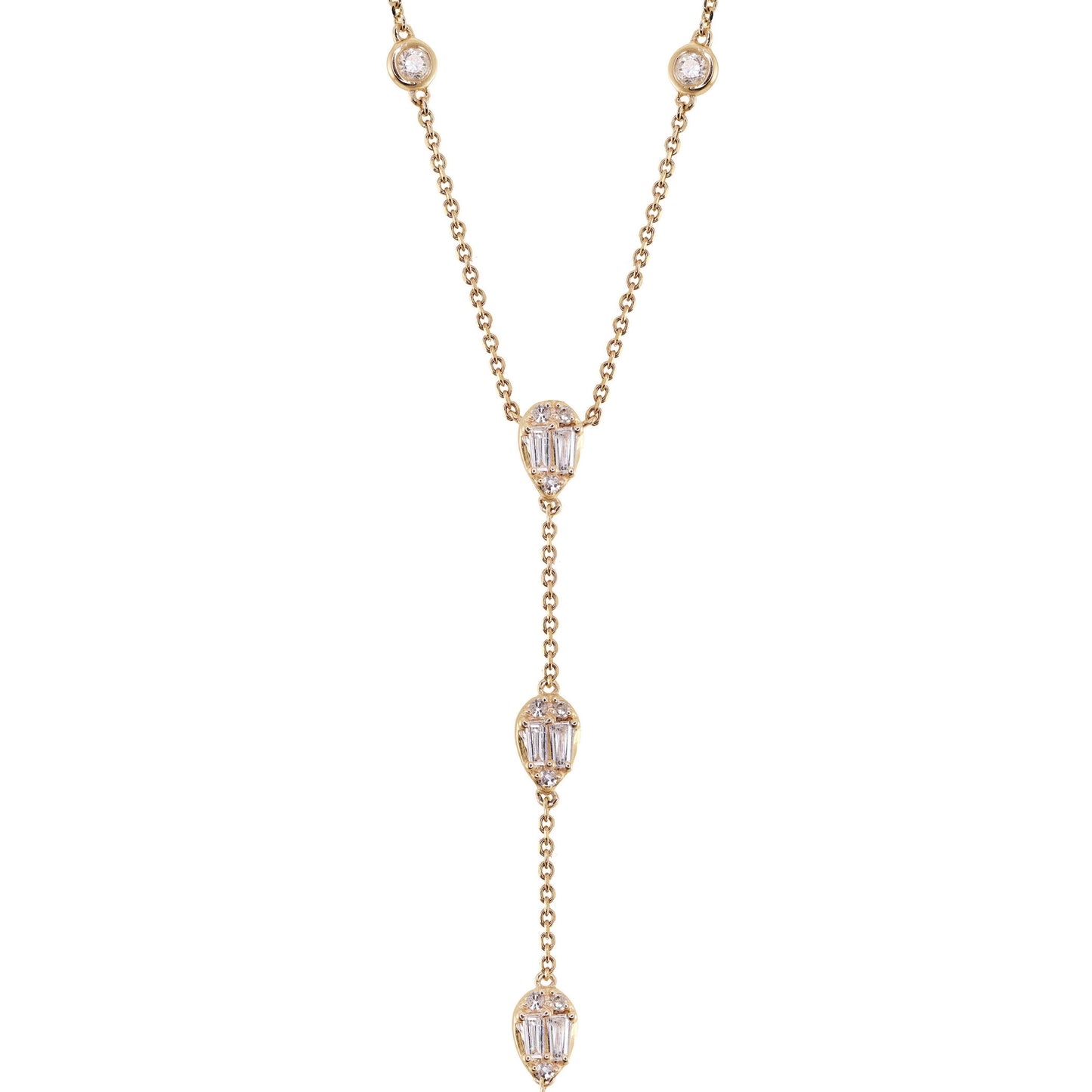 NEW! 14kt gold teardrop baguette diamond lariat necklace