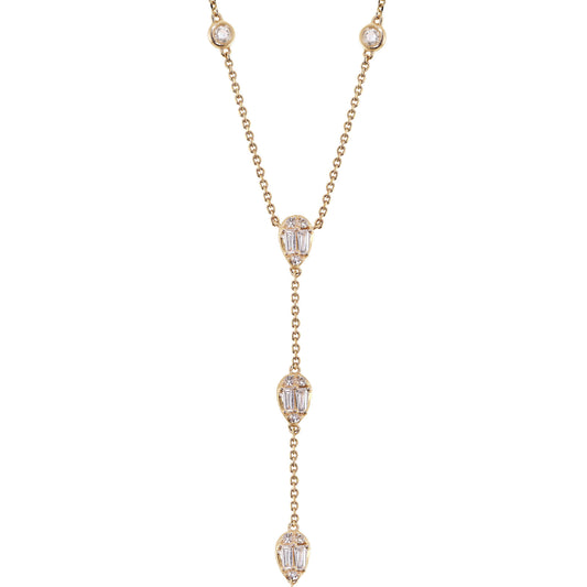 14kt gold teardrop baguette diamond lariat necklace