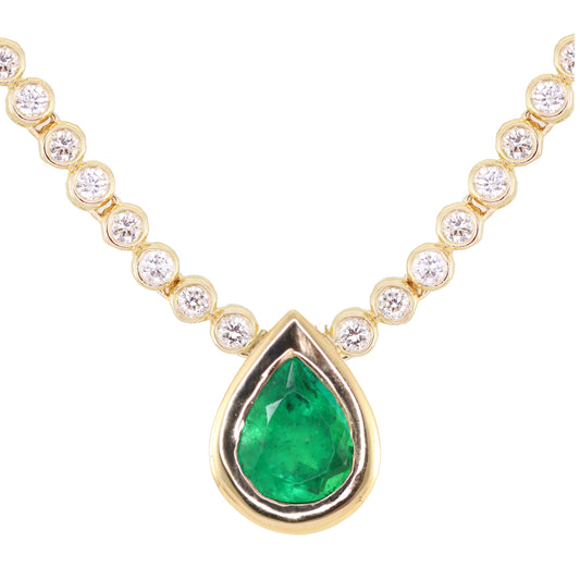 14kt gold and diamond teardrop emerald bezel necklace