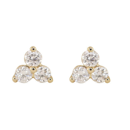 14kt gold three diamond cluster studs