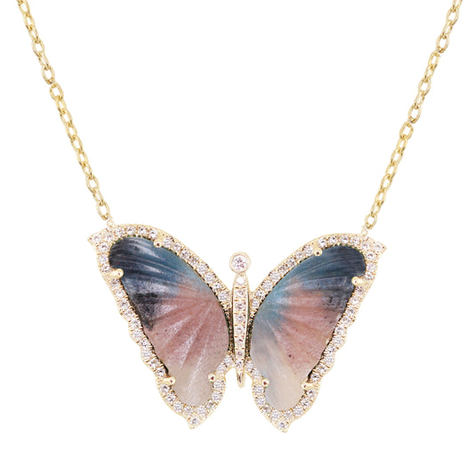 14kt yellow gold and diamond tie dye paraiba tourmaline baby butterfly necklace