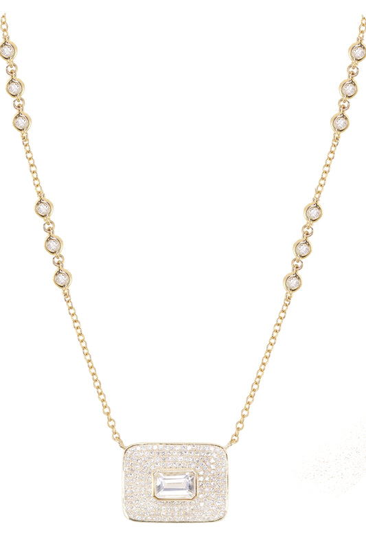 14kt gold full diamond bezel emerald cut necklace