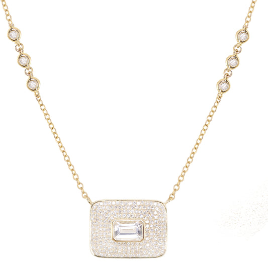 14kt gold full diamond bezel emerald cut necklace