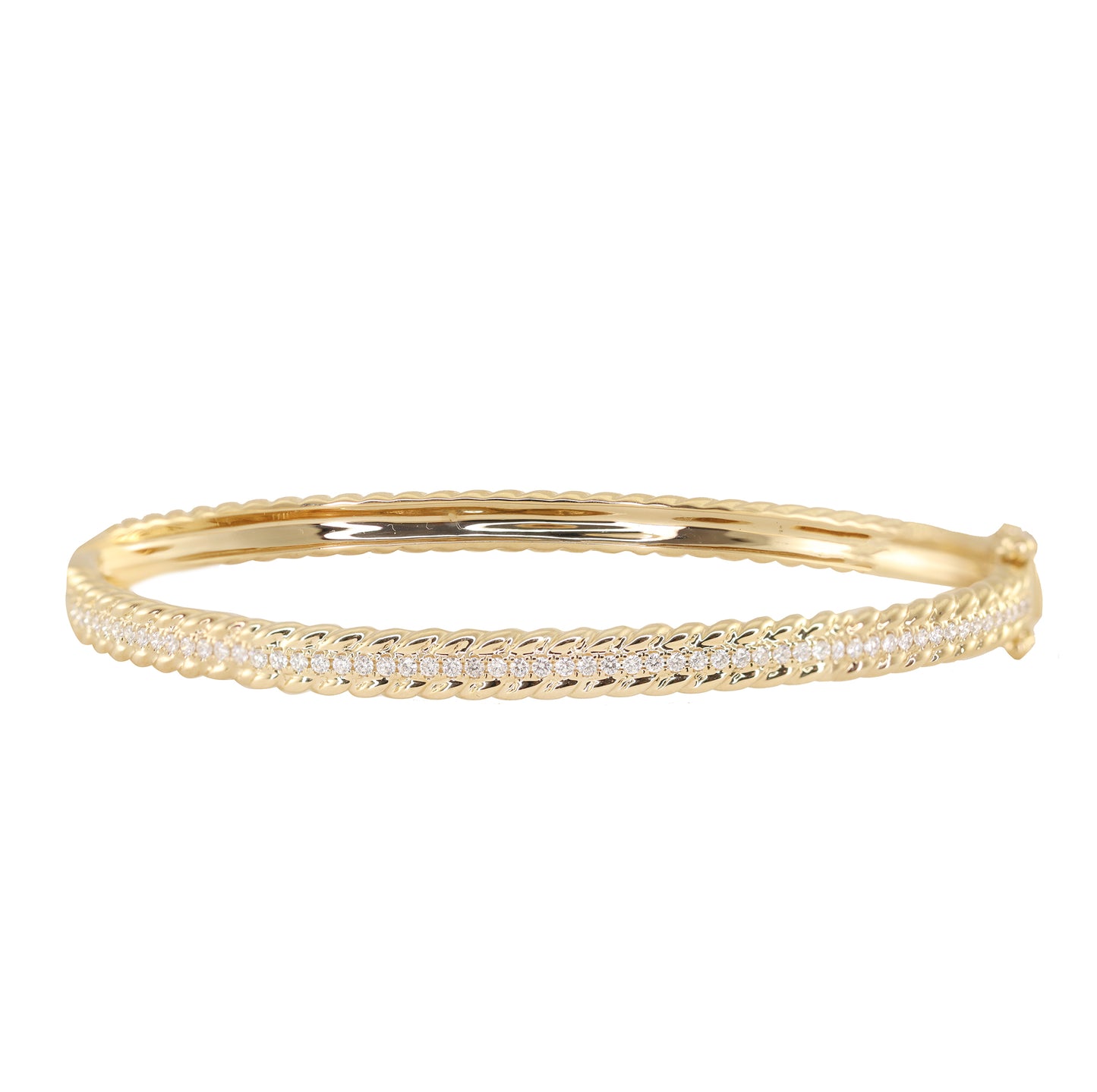 14kt gold and diamond single diamond row twisted bangle