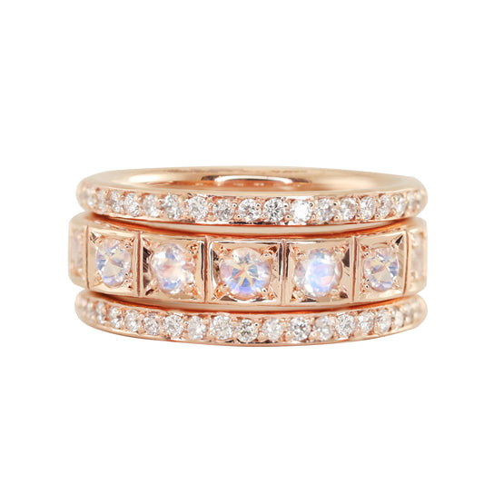 14kt gold two diamond row moonstone band